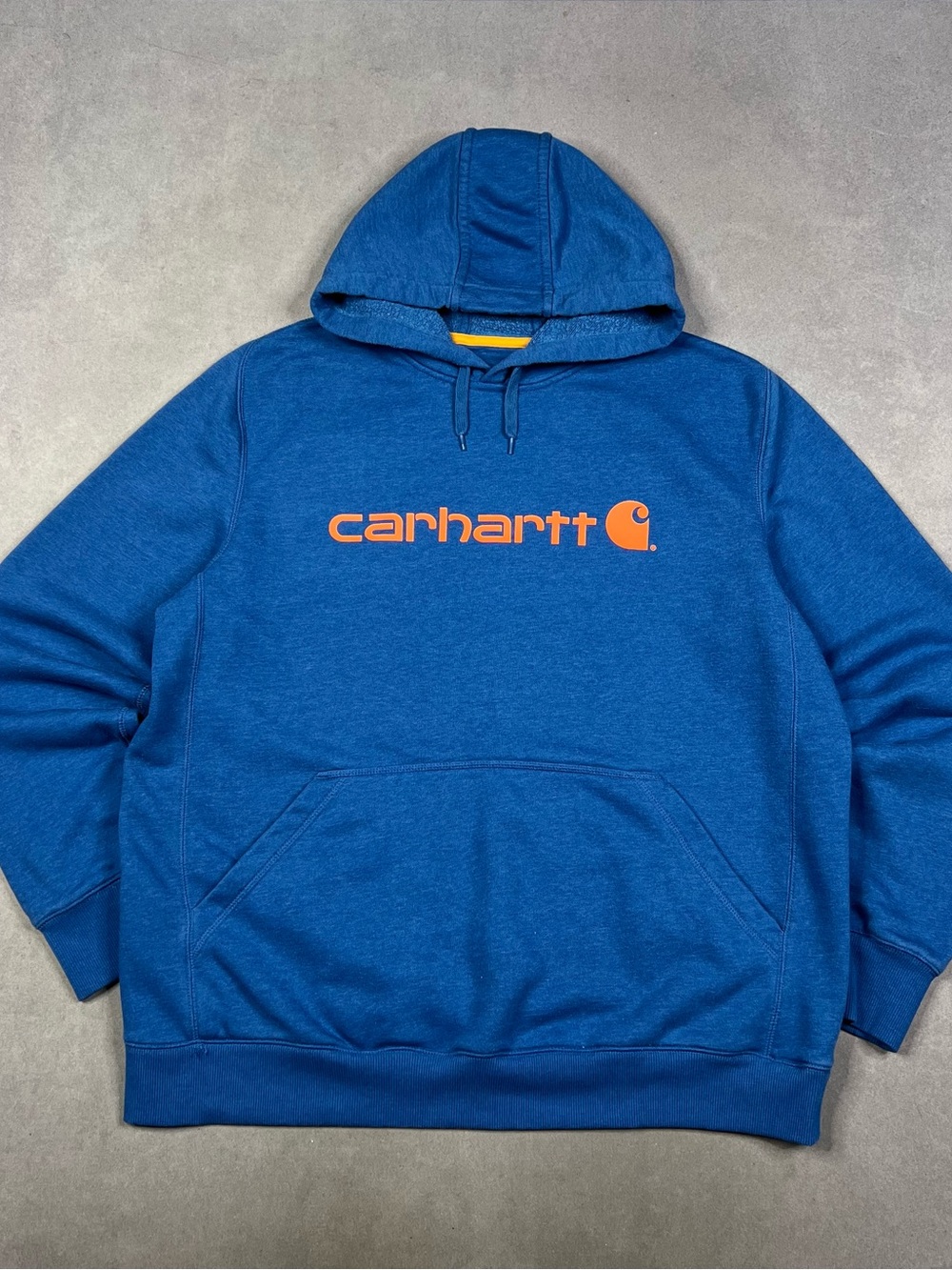 Carhartt Blue Hoodie with Orange Logo